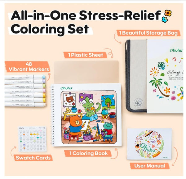 Ohuhu Honolulu B 48 Colors Alcohol Markers with Coloring Book, AP Certified Brush & Fine Dual Tip Refillable Art Markers for Adult Coloring, Illustration, Stress Relieving Gift for Artists