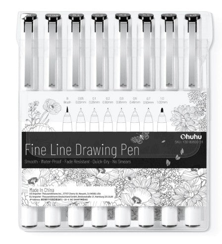 Ohuhu Fineliner Pens Micro Drawing Pens: 8-size Tips (Ultra-fine, Fine & Brush) Waterproof